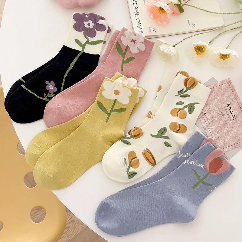 Women's socks autumn and winter New  trendy socks tulip flower women's mid-calf socks Japanese three-dimensional women's socks Zhuji
