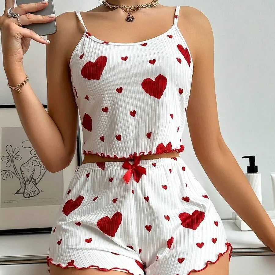 Hot-selling ladies home clothes love printed suspenders shorts casual pit can be worn outside  women's sleep