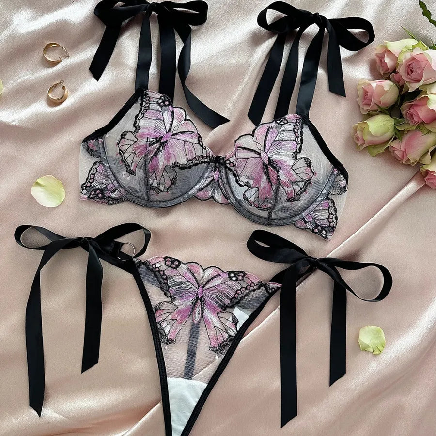 Women's Sexy Butterfly Sexy Lingerie Sets Home Honeymoon Sheer Bra Low Waist Bandage See-Through Sexy Lingerie