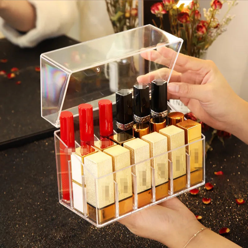 Internet Red Lipstick Storage Box Dustproof Desktop Lip Glaze Multi-Grid Cosmetic Lipstick Rack Storage and Fidelous Box Transparent with Lid