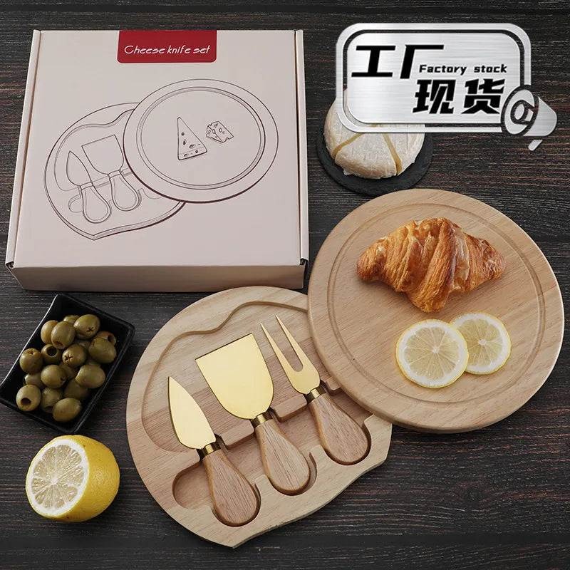 Round Oak box stainless steel golden cheese knife suit household 3-piece shovel fork cheese knife plate