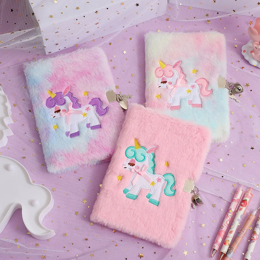 Cute  A5 Cartoon Plush Notebook With Lock For Students Writing Diary Book Lovely Girl Colorful Tied Dye Soft Toy Journal