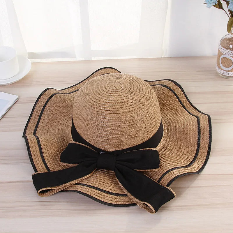 women's elegant pastoral simple style waves bowknot big eaves straw hat