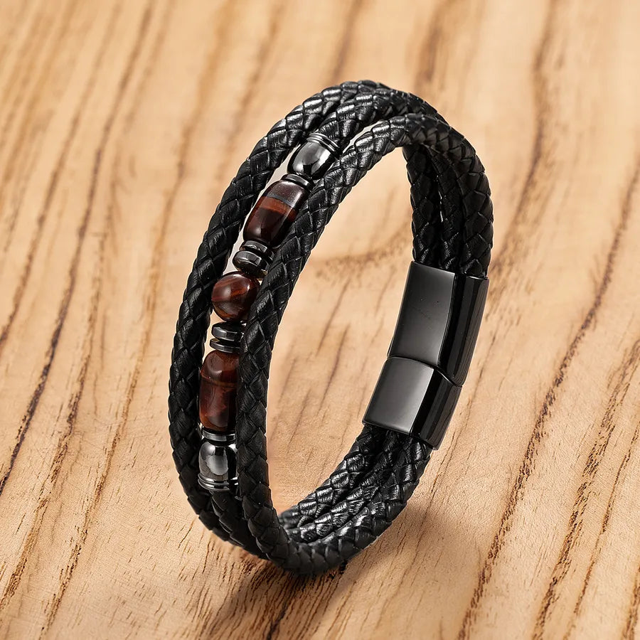 Fashion Tigereye Beaded Bracelet Men's Multi-Layer Woven Leather Personality Stainless Steel Buckle Bracelet Retro Easy Matching Jewelry