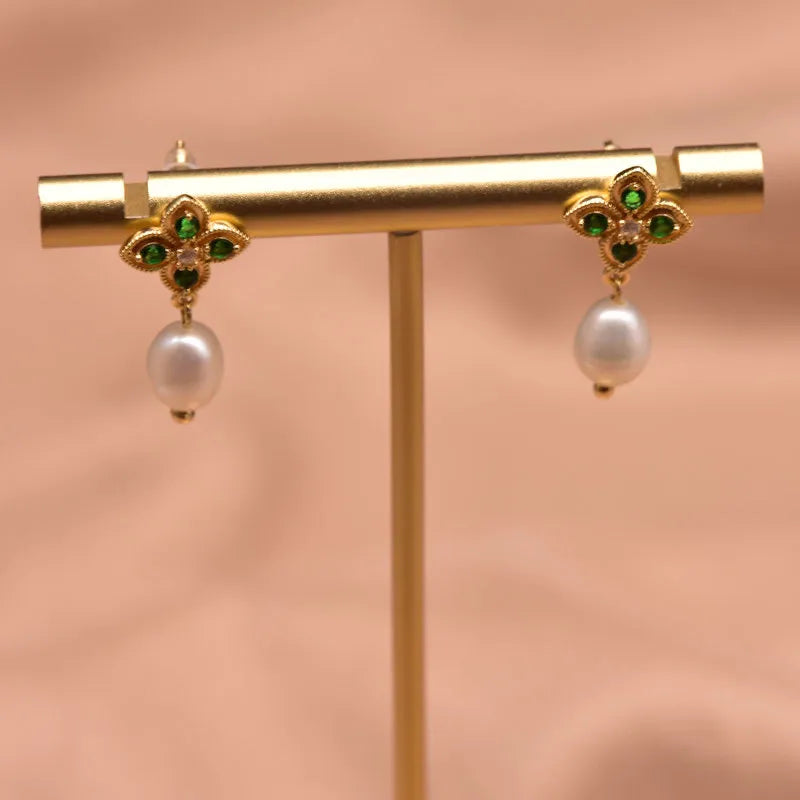 1 Pair Freshwater Pearl Zircon Freshwater pearl earrings Round Drop Earrings