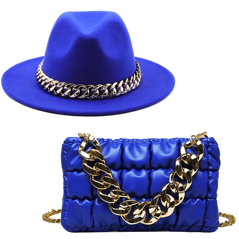 women's british style solid color chain flat eaves fedora hat