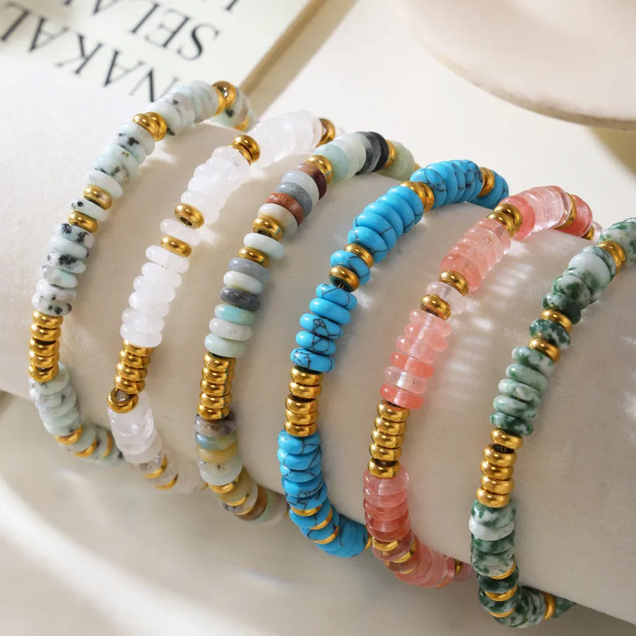 Elegant Vacation Simple Style Round natural stone Titanium Steel 18K Gold Plated Beaded Chain Bracelets In Bulk