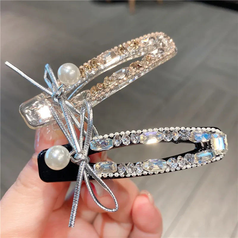 New Elegant Zircon Diamond Hair Clip High-End Silver Butterfly Knot Pearl Rhinestone Edge Duckbill Hair Clip Women's Headwear