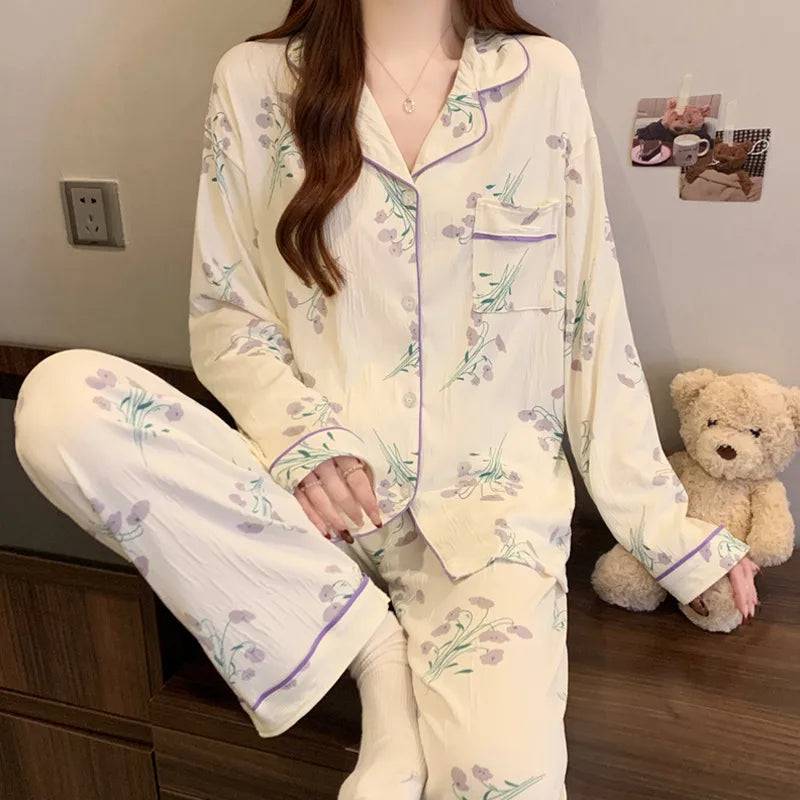 Sweet Girl Heart Print Open Cardigan Sleepwear Long Sleeve Crepe Home Clothes Set Spring New Style Casual Breathable Polyester