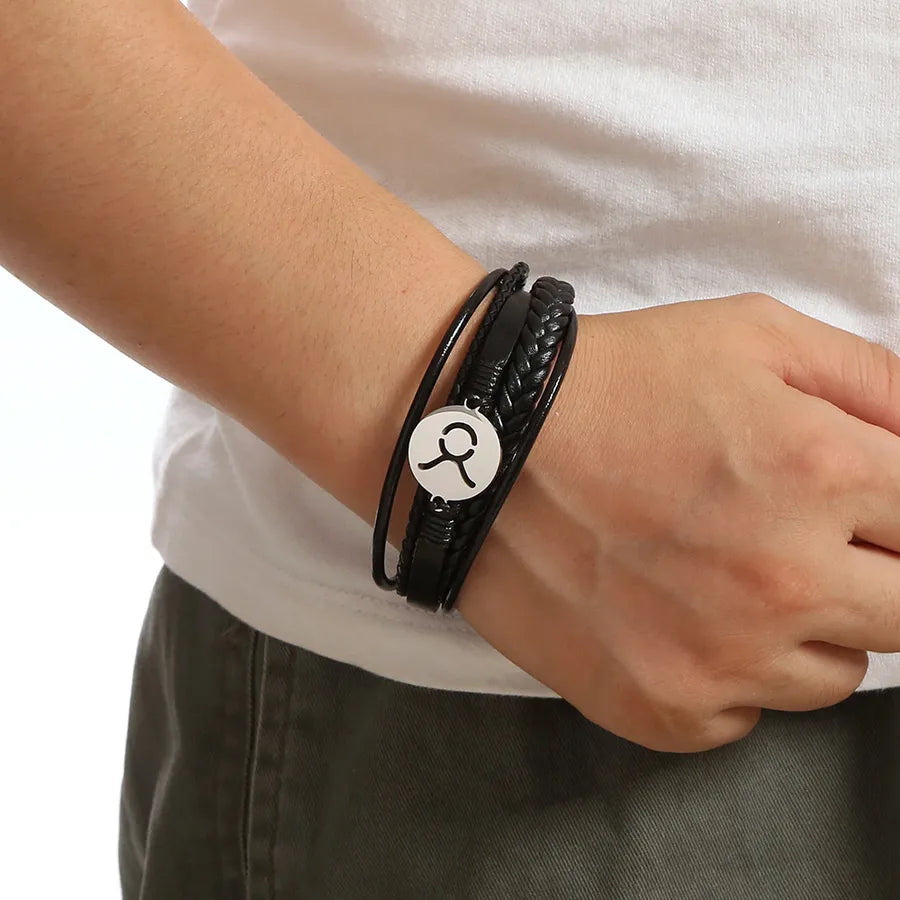 Simple Style Constellation 316 Stainless Steel  Pu Leather Layered Men's Bangle