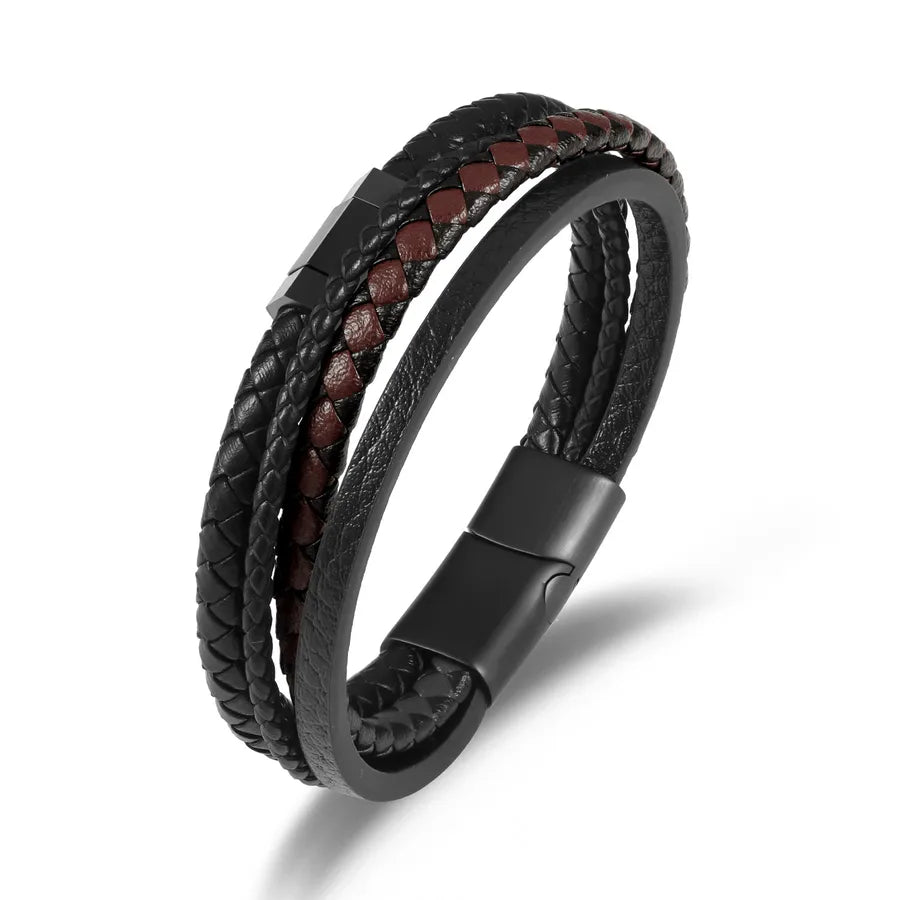 Retro Punk Solid Color 304 Stainless Steel Pu Leather Men's Bangle Men Cord & Leather Bracelets