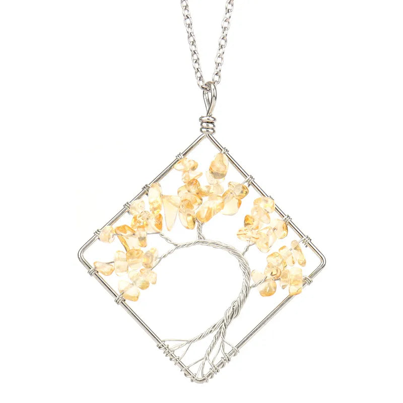 fashion square tree natural stone crystal metal beaded hollow out pendant necklace 1 piece