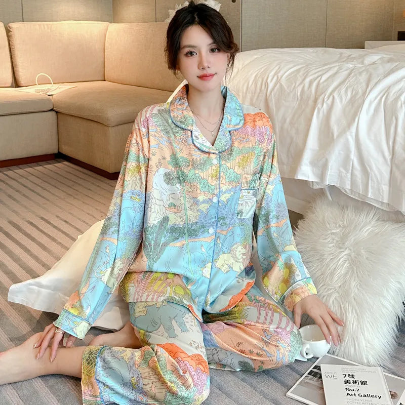 Pure Color Lace Splice Smooth Ice Silk Sleepwear Set Women Long Sleeve Long Pants Two Piece Set High-End Sensation Home Clothes