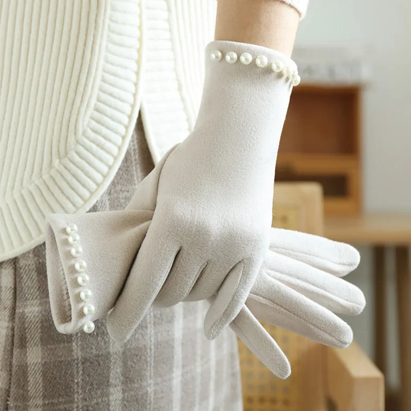 Women's Winter Fleece Lined Touchscreen Gloves Pearl Design Cycling Driving Warm New Style Cold Resistance Handwear