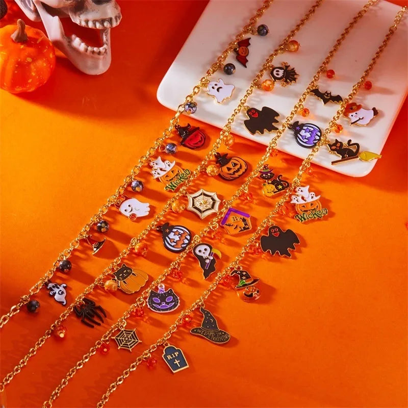 Halloween Themed Cat Pumpkin Cartoon Pendants Dark Style Alloy Necklaces Unisex Festival Atmosphere Sense Joking Jewelry
