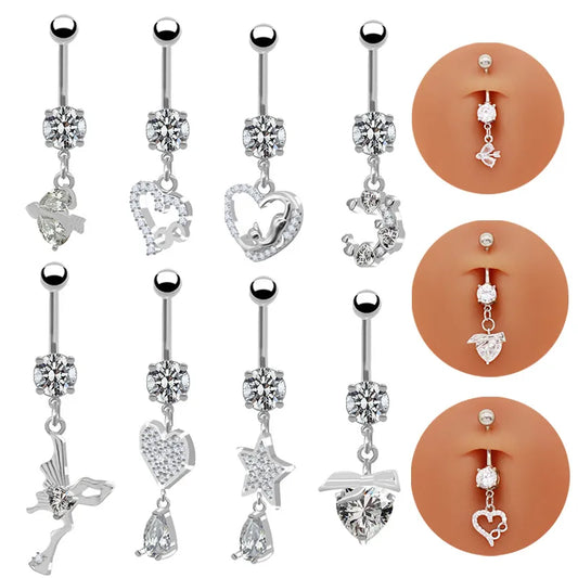 1 Piece Belly Rings Pastoral Shiny Star Moon Heart Shape 316L Stainless Steel  Alloy Plating Inlay Resin Rhinestones Glass White Gold Plated