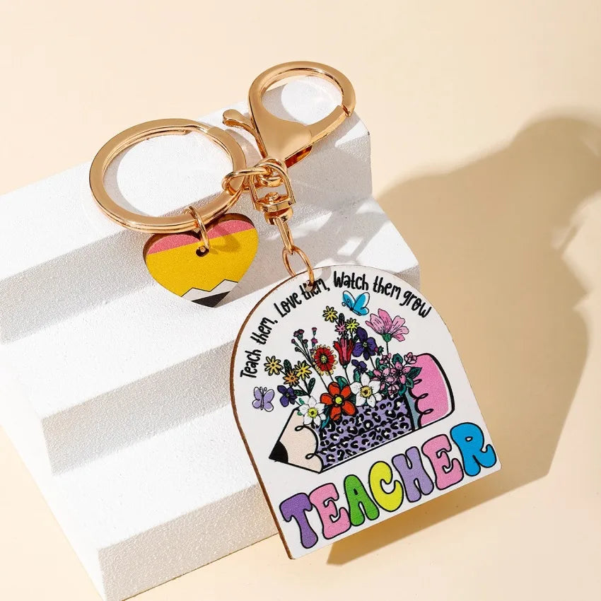 Modern Style Letter Heart Shape Apple Wood Teachers' Day Unisex Keychain
