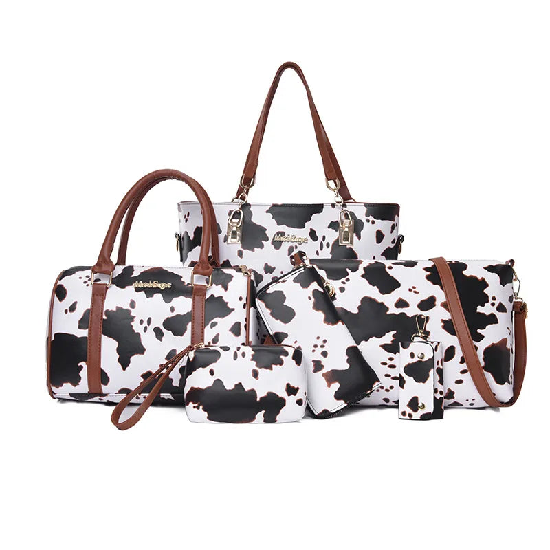 Women's Large Pu Leather Cow Pattern Streetwear Square Zipper Shoulder Bag Handbag Tote Bag