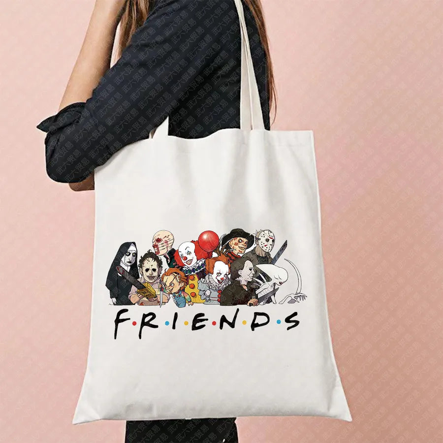 Scary Cat Halloween Pumpkin Pattern Canvas Tote Bag Reusable Shopping Bag Large Square Shape Double Shoulder Strap Tote Bag