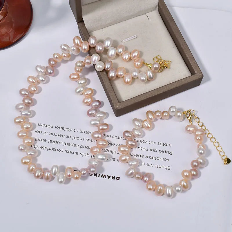 Natural Freshwater Pearl Rice Bead Necklace Bracelet Women's Mixed Color Three-Hole Candy Style Jewelry Simple Design