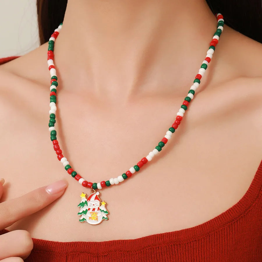 Christmas Themed Double Layered Necklace With Santa Claus Design Glass Beads Clavicle Chain Jewelry Accessory For Unisex Use