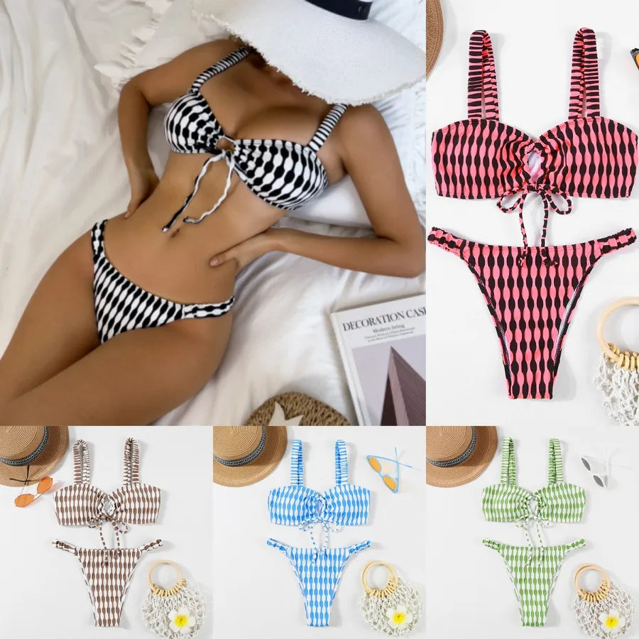 Women's Plaid Solid Color 2 Pieces Set Bikinis Swimwear