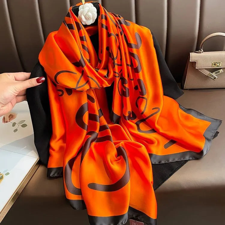 women's fashion letter plaid satin printing silk scarves