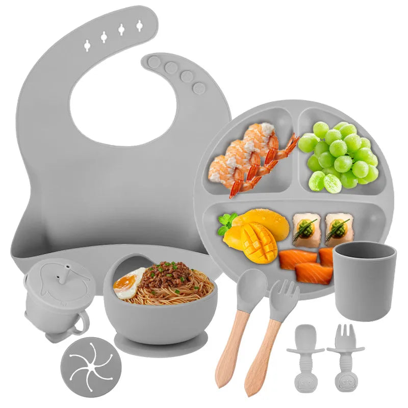 Baby silicone tableware suit baby learning to eat food supplement tableware self-eating sucker bowl integrated children's plate