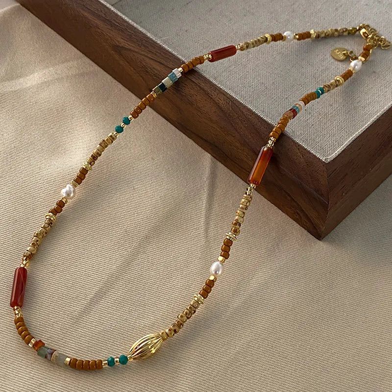Retro Japanese Style Geometric natural stone Freshwater Pearl Agate Pendant Necklace In Bulk
