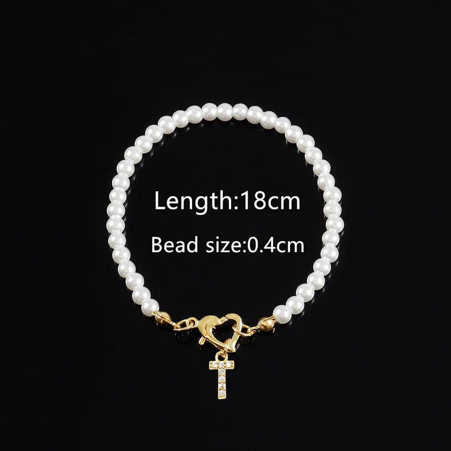 Elegant Classic Style Letter Heart Shape Zircon Artificial Pearl Copper Beaded Chain Beaded Bracelets Wholesale