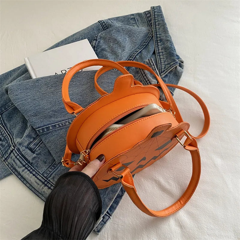 Halloween Pumpkin Shaped Color Block Women's Bag Simple Shoulder Round Bag Funny Gourd Bag Ladies Crossbody Bag Polyester Lining
