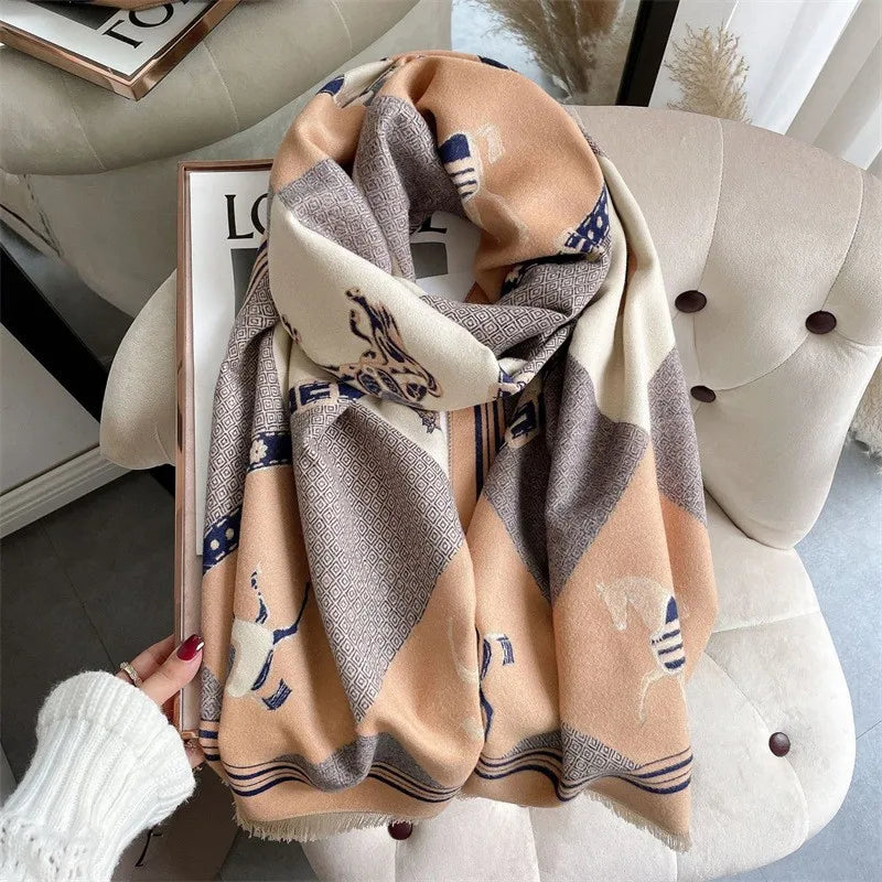 women's retro color block imitation cashmere printing scarf
