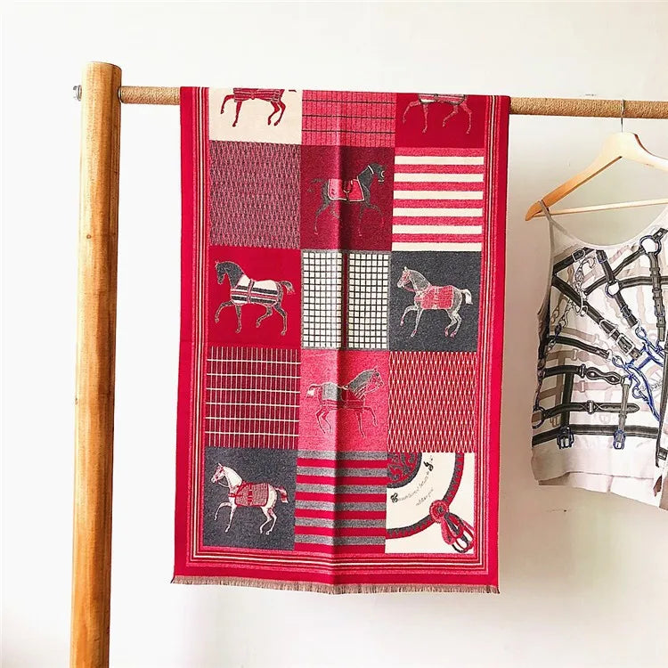 women's retro color block imitation cashmere printing scarf