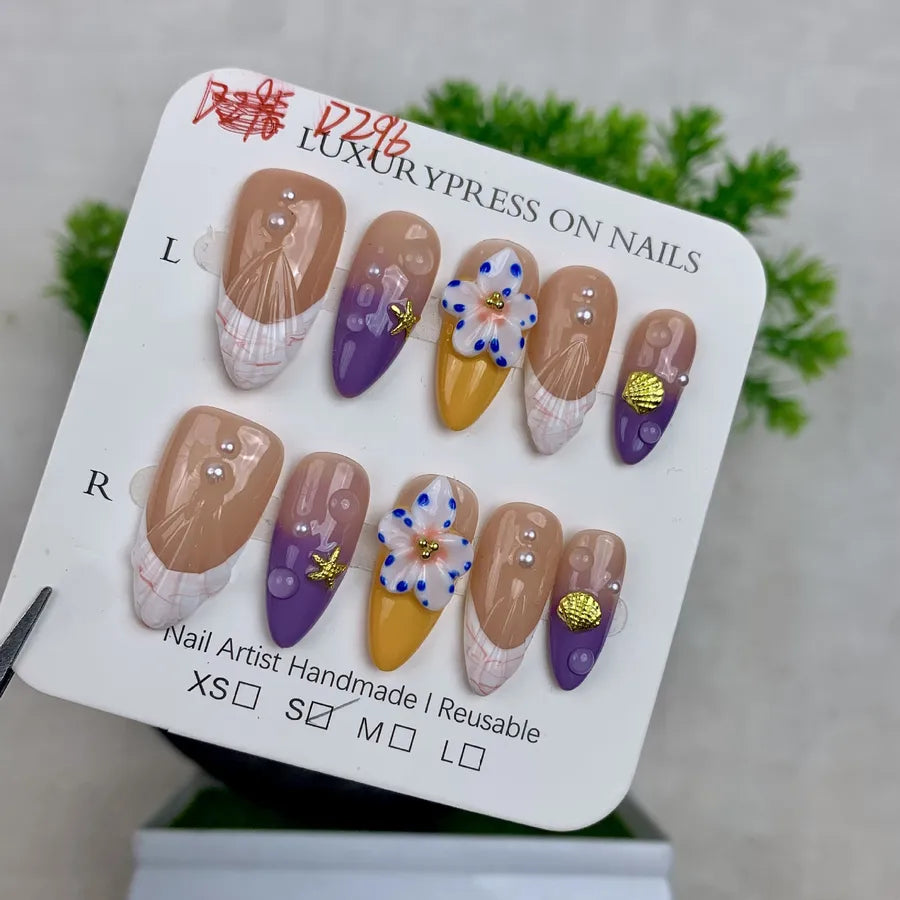 Handmade Detachable Shell Sculpture Cat Eye Almond Nails Ice Transparent Floral Design Wearable False Nails For Women