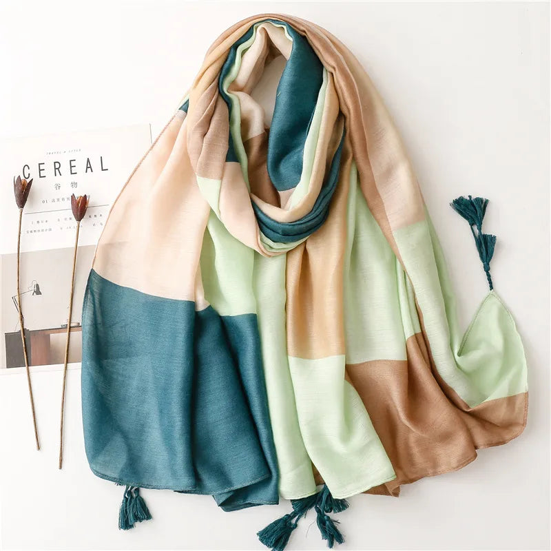 women's fashion color block polyester silk scarves