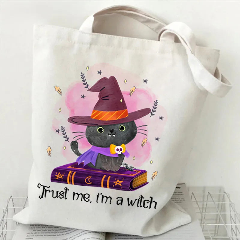 Halloween Printed Canvas Bag Single Shoulder Foldable Handbag Shopping Bag Large Size Square Shape Tote Bag With Double Strap