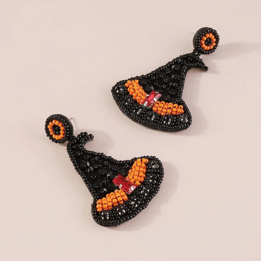 1 Pair Halloween Gothic French Style witch hat Beaded Bead Sequins Rhinestone Pu Bottom Drop Earrings
