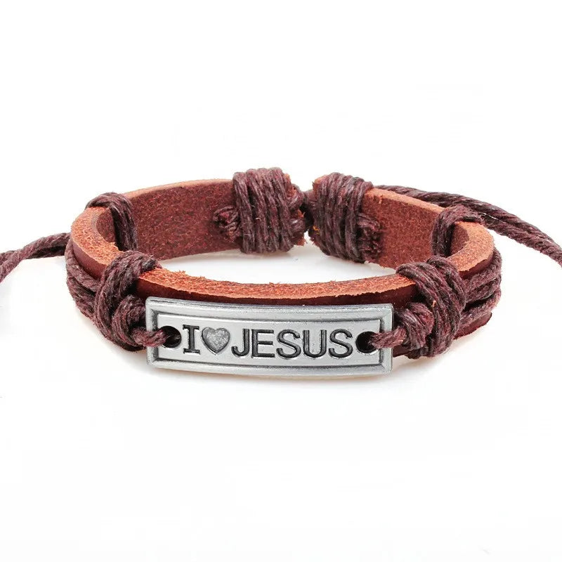 handmade simple style letter alloy leather knitting women's men's bracelets