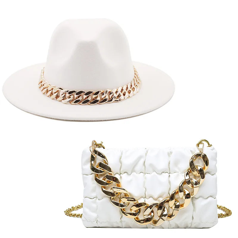 women's british style solid color chain flat eaves fedora hat