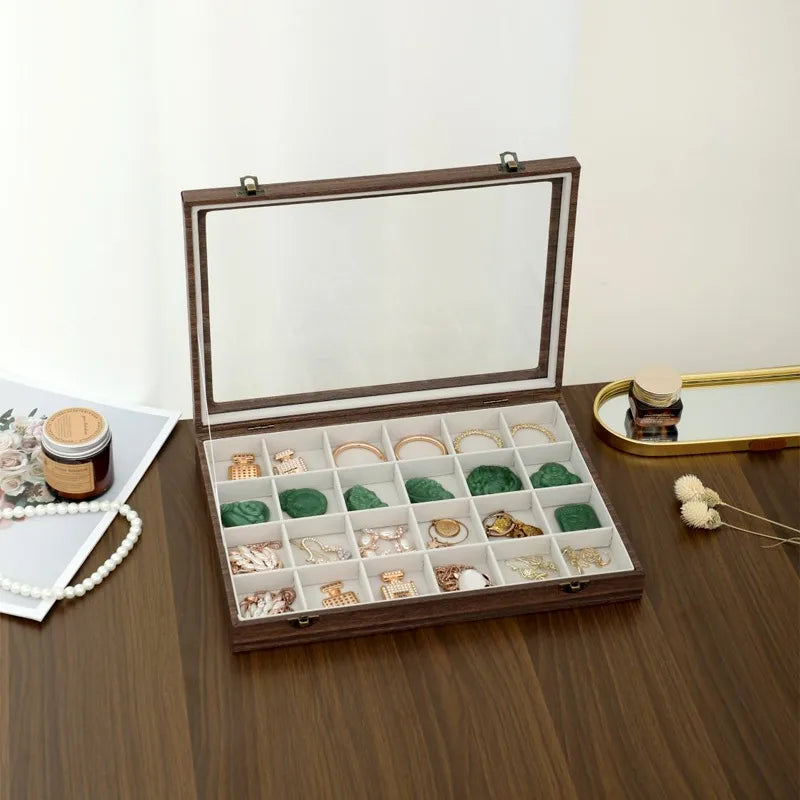 Retro Style Wooden Texture Leather Jewelry Box With Glass Lid Dustproof Storage For Rings Necklaces Bracelets Accessories Display