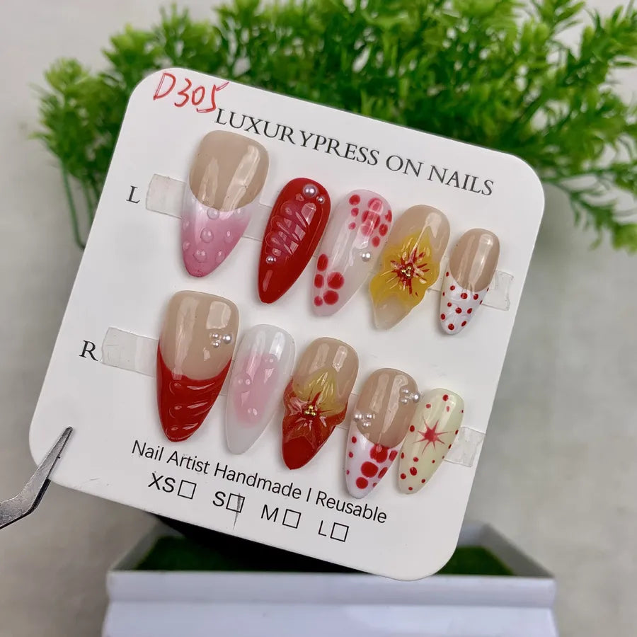 Handmade Detachable Shell Sculpture Cat Eye Almond Nails Ice Transparent Floral Design Wearable False Nails For Women