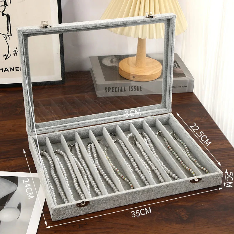 New Ice Grey Pearl Necklace Storage Box With Lid Glass Dustproof Long Bracelet Beads Thick Necklace Jewelry Box Simple Style