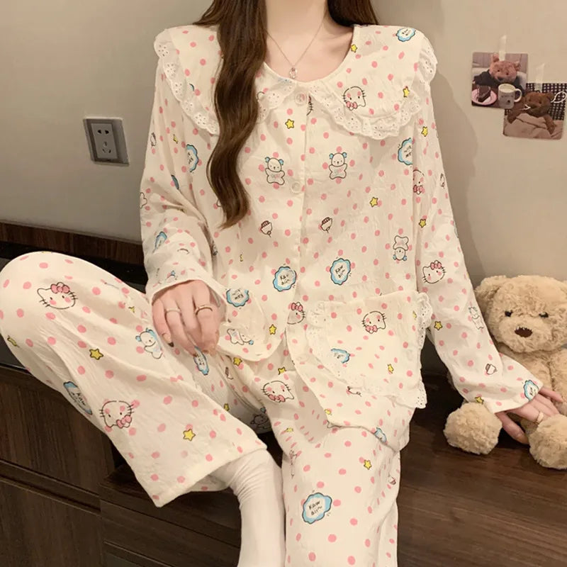 Sweet Cherry Cloud Cotton Long Sleeve Spring Home Clothes Set For Girls Comfortable Breathable Sleepwear Casual Style