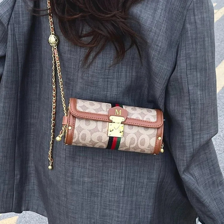 Women's Pu Leather Letter Color Block Elegant Streetwear Cylindrical Flip Cover Lock clasp Shoulder Bag