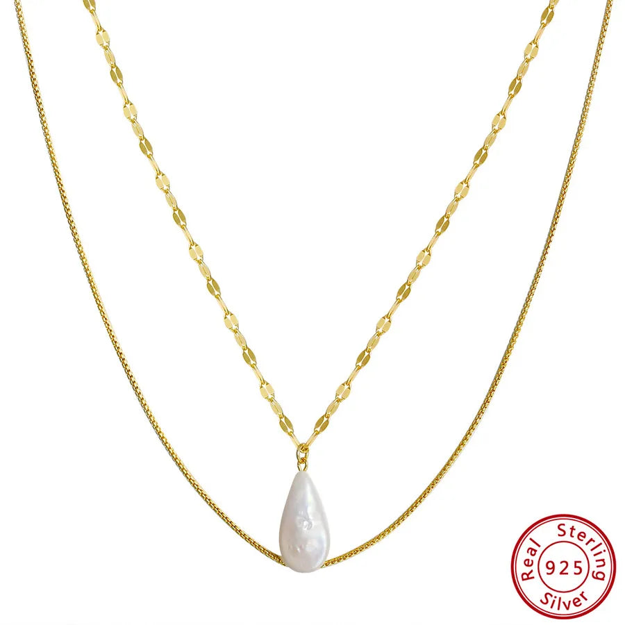 925 Sterling Silver Freshwater Pearl cable chain Plating Geometric Double Layer Necklaces Pendant Necklace Necklace
