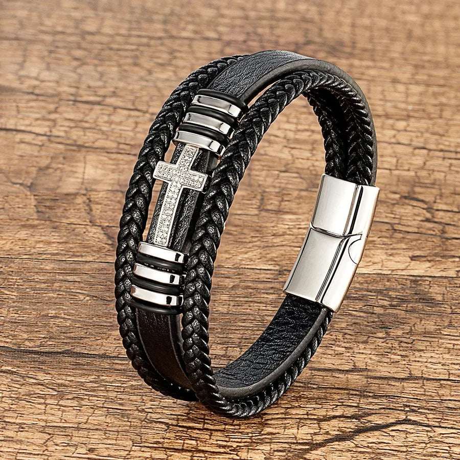 Metal Cross Multi-Layer Leather Bracelet Vintage Men's and Women's Inlaid Zircon  National Style Stainless Steel Leather Rope Bracelet