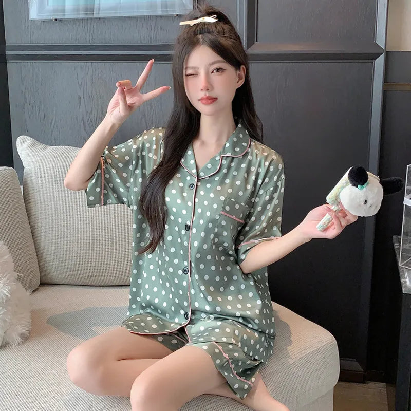 Elegant Ice Silk Sleepwear Women's Summer Butterfly Print Short Sleeve Home Clothes Set Can Be Worn Outside Breathable Casual