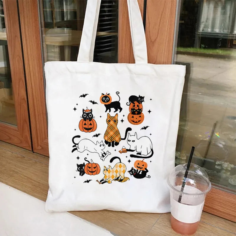 Cute Cat Halloween Party Bag Women Ghost Canvas Tote Bag Harajuku Fashion Shopping Bag Square Shape Large Size Retro Print