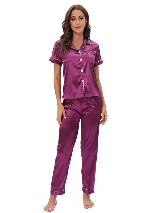 Middle East Europe Women's Home Clothes Two-Piece Set Color Silk Set Sleepwear Casual Luxury Summer Polyester Fabric