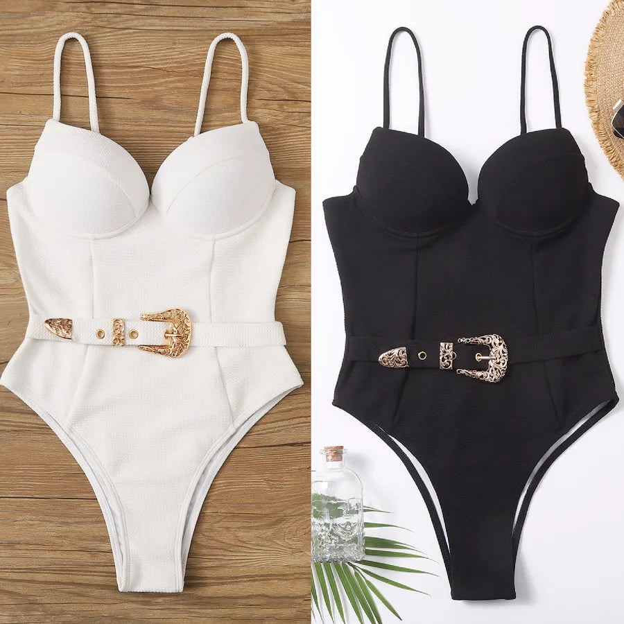 Women's Sexy Solid Color Belt 1 Piece One Piece Swimwear